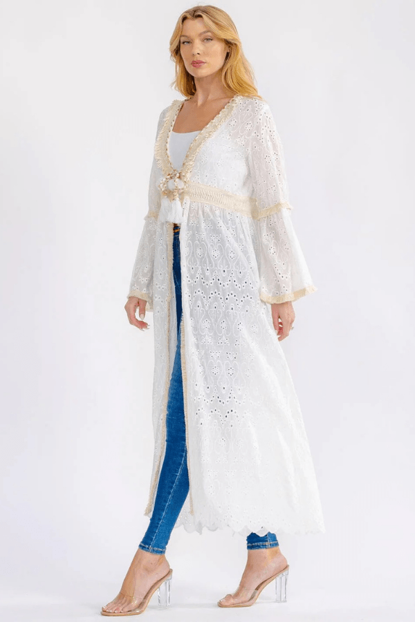 Long Belle Sleeve Open Front Eyelet Cardigan