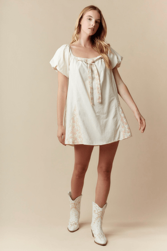 Puff Sleeve Cottagecore Beige Dress with Floral Ribbon Detail