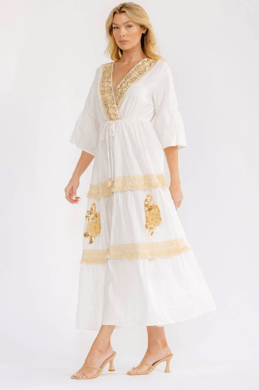 Short Sleeve Surplice Elastic Waist Cotton Maxi Dress