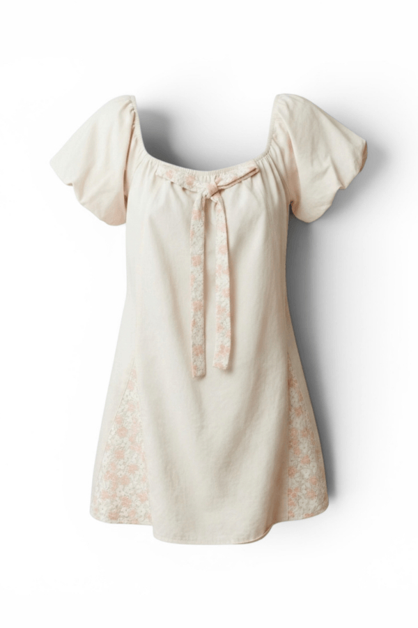 Cottagecore Aesthetic Puff Sleeve Beige Tan Short Dress L