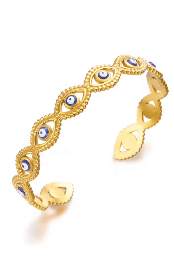 gold adjustable bracelet with blue evil eye design