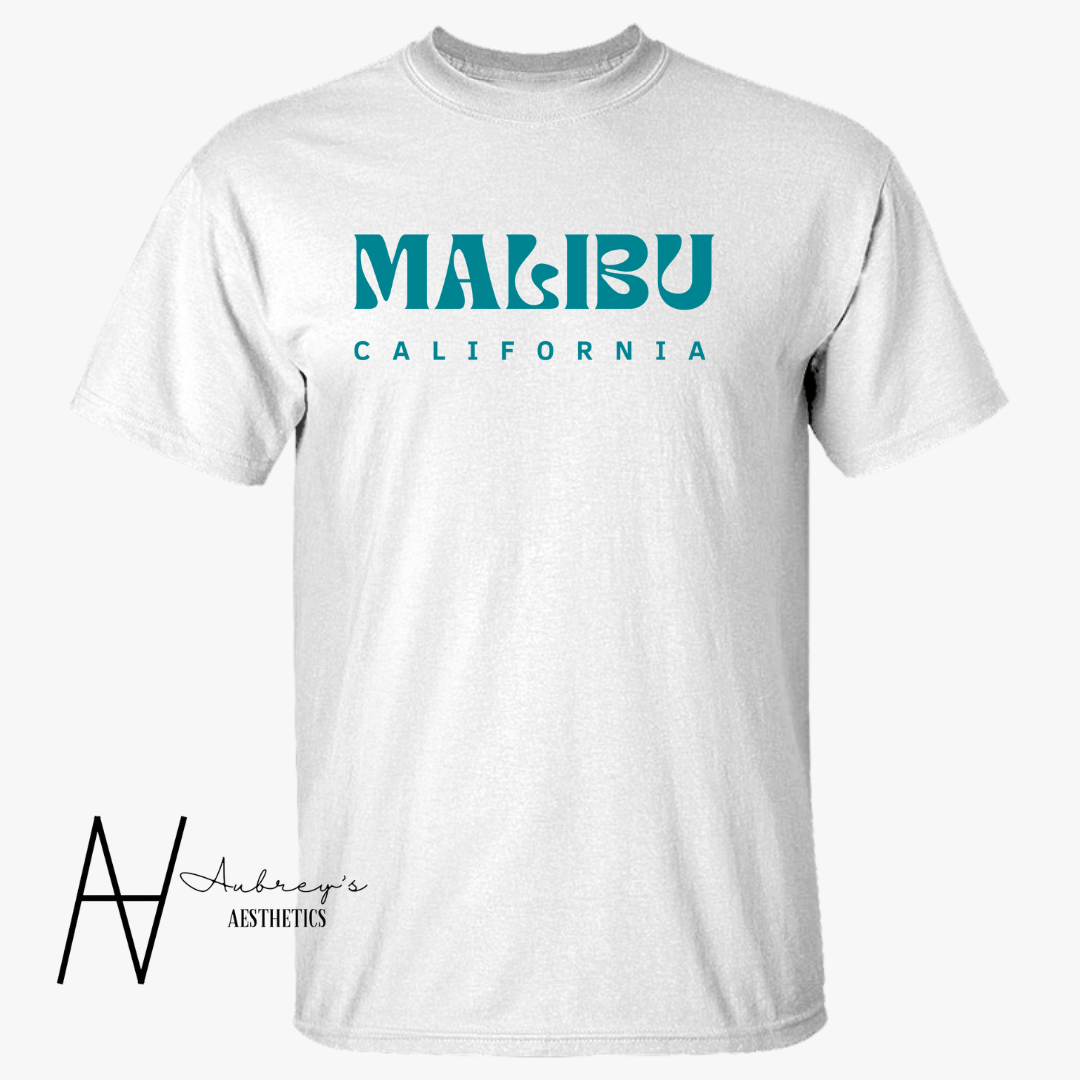 Malibu california teal white tee aubreys aesthetics