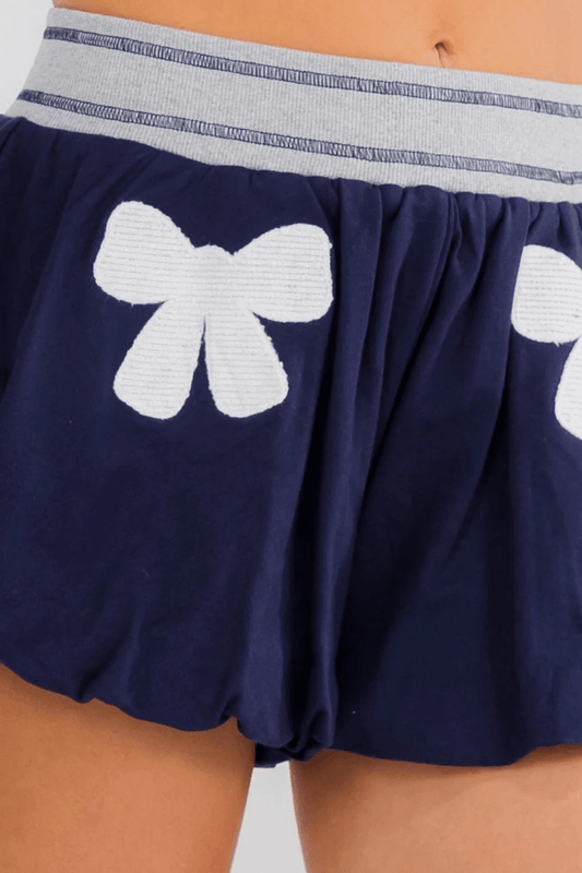 Preppy Navy Bubble Shorts with Elastic Waist and Coquette Bow Patch