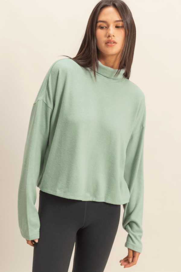 Drop Shoulder Sage Green Turtleneck Knit Top