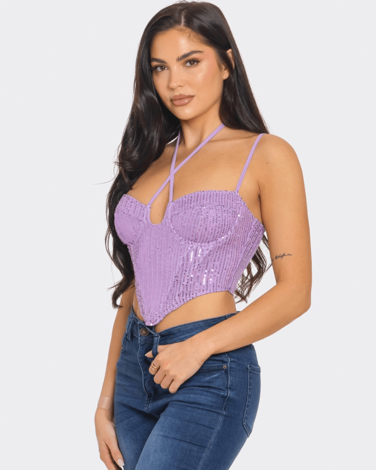 purple sequin corset top