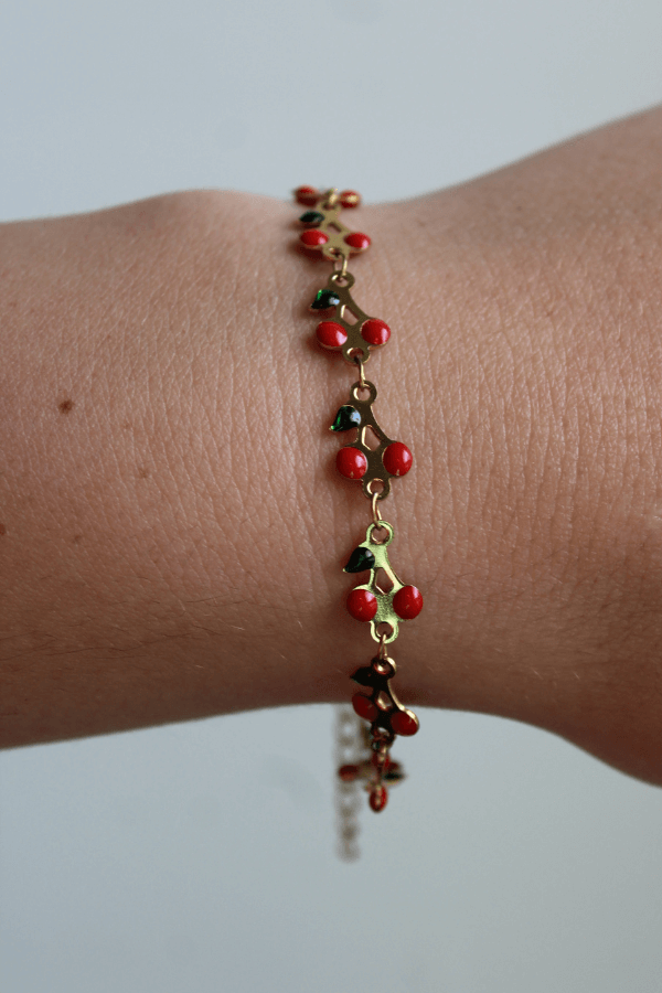 Stainless Steel Gold & Red Cherry Bracelet with Clasp