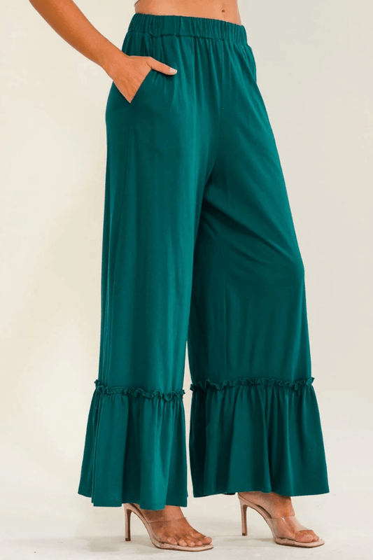 Boho Aesthetic Teal Ruffle Bottom Palazzo Pants with Pockets