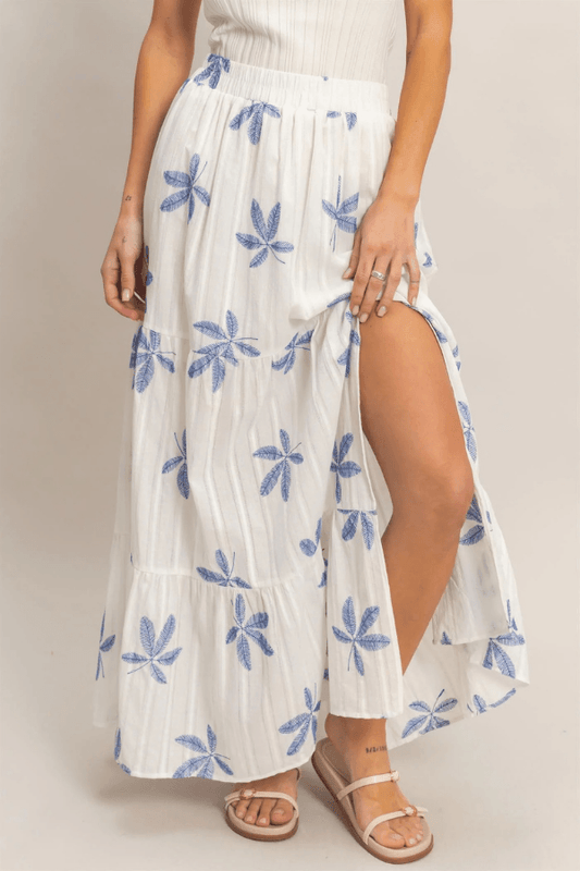 Tiered Cotton Maxi Skirt with Blue Botanical Print and Side Slit