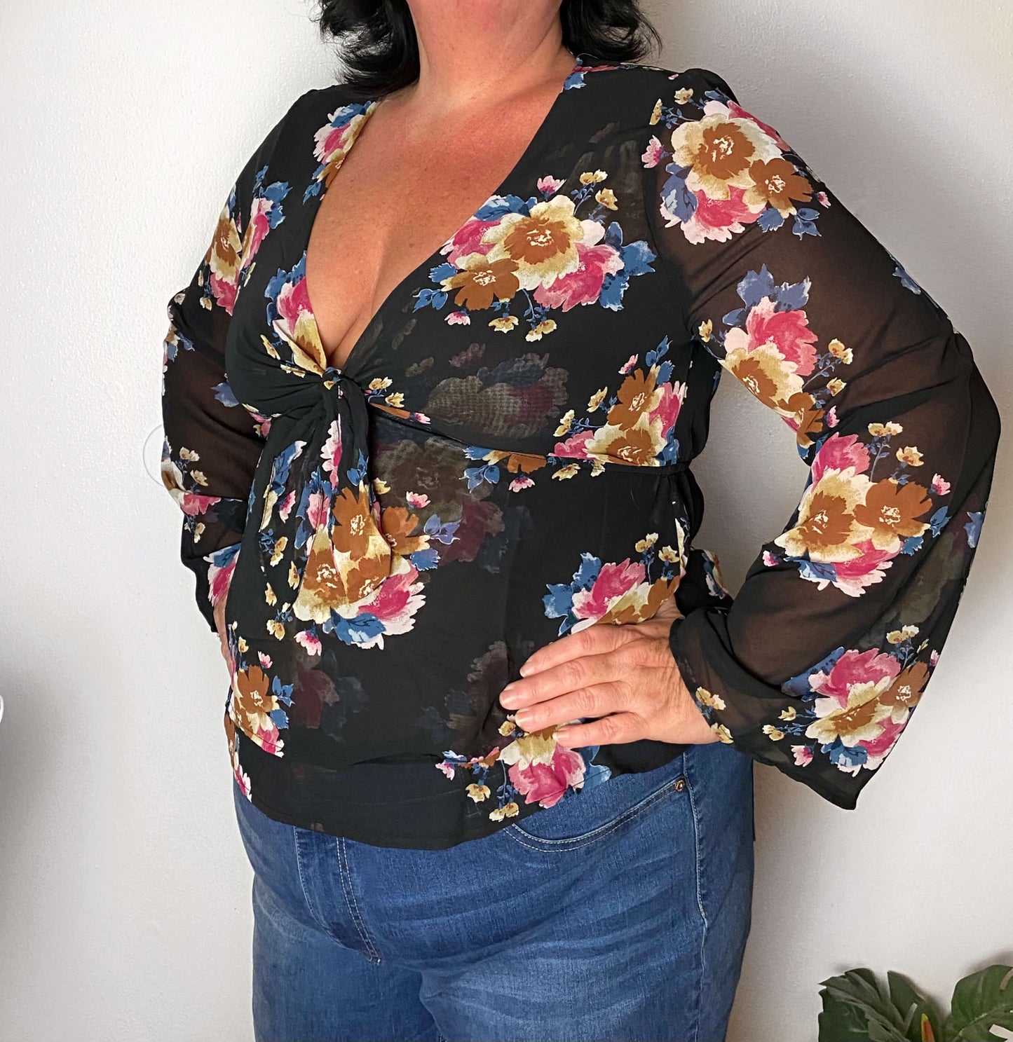 plus floral sheer blouse