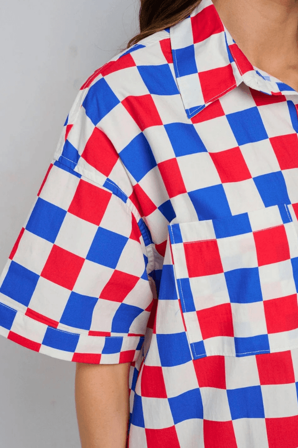 Red White & Blue Button Up Oversized Checker Dress with Pockets