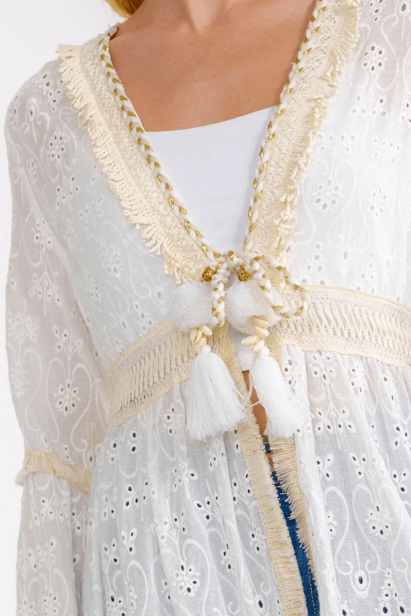 Long Belle Sleeve Open Front Eyelet Cardigan