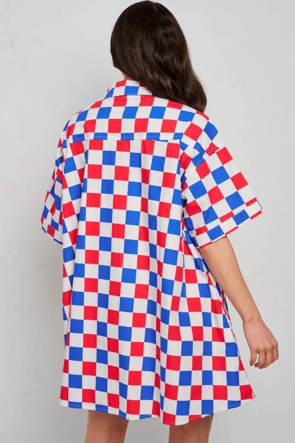 Red White & Blue Button Up Oversized Checker Dress with Pockets