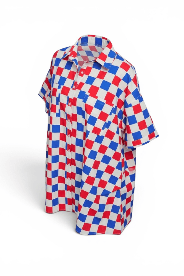 Red White & Blue Button Up Oversized Checker Dress with Pockets