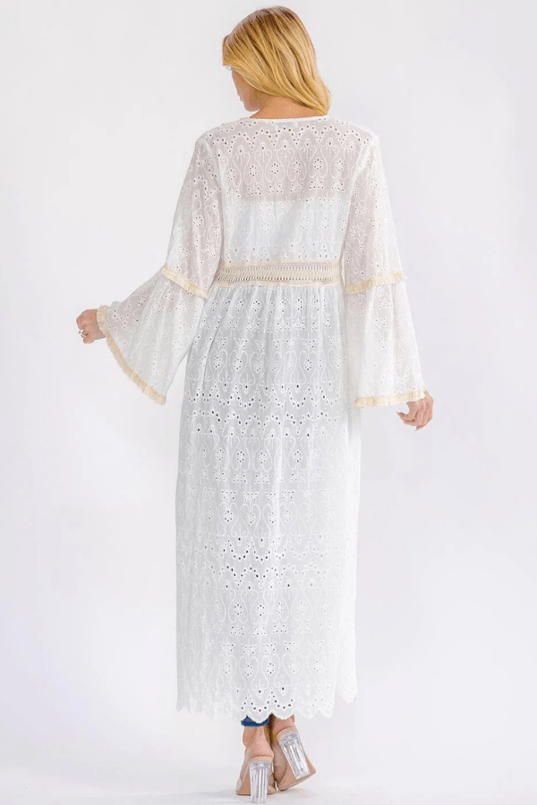 Long Belle Sleeve Open Front Eyelet Cardigan
