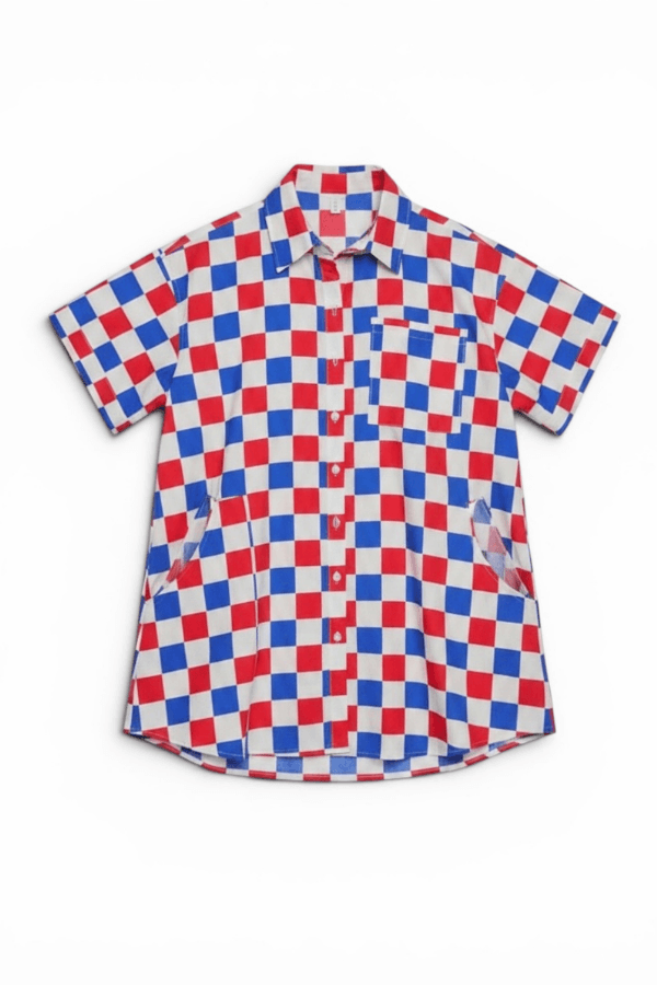 Red White & Blue Button Up Oversized Checker Dress with Pockets