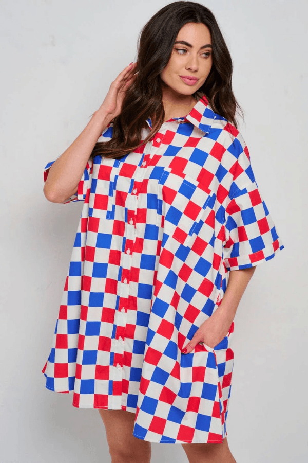 Red White & Blue Button Up Oversized Checker Dress with Pockets