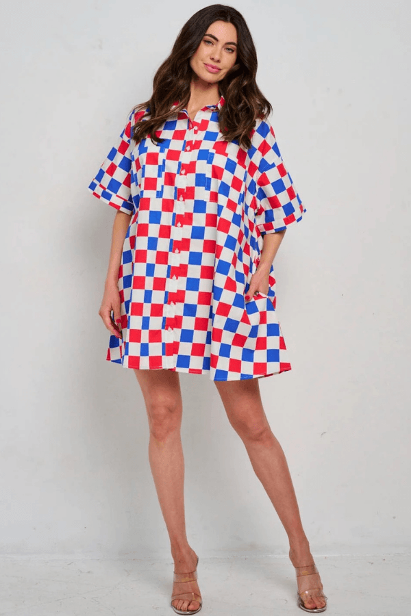 Red White & Blue Button Up Oversized Checker Dress with Pockets