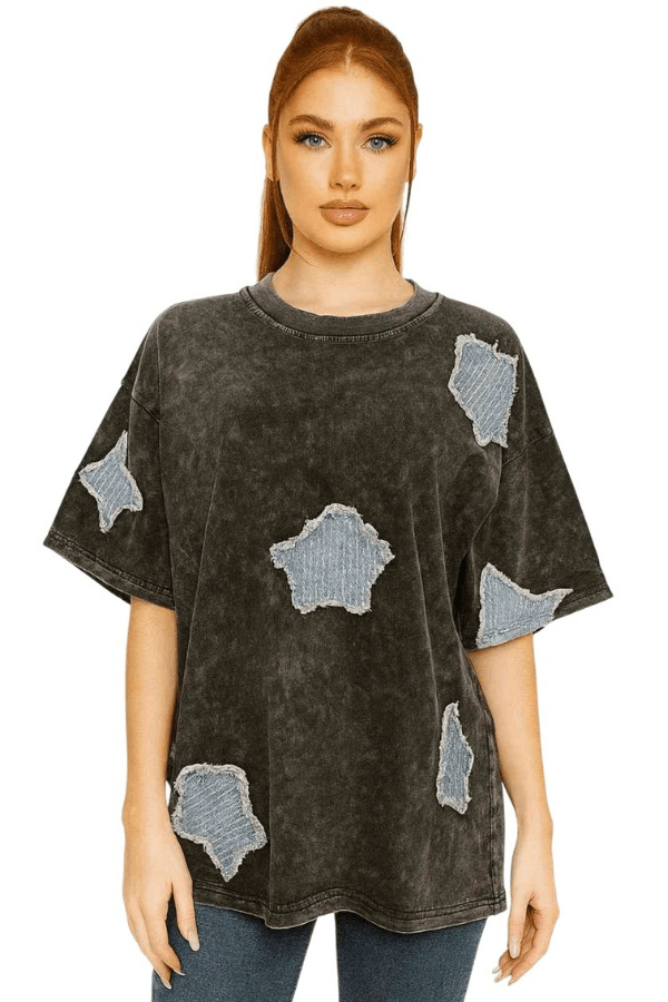 Acid Wash Black Tee with Denim Star Patches