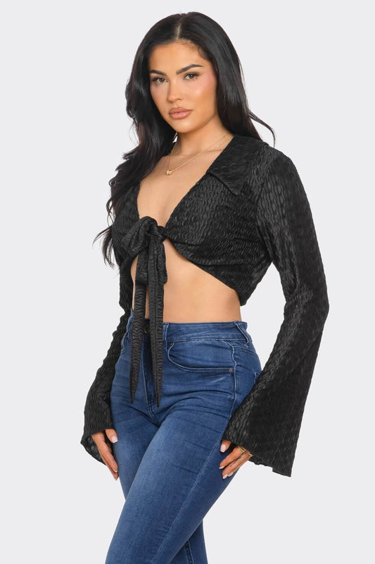 self tie black baddie top with collar