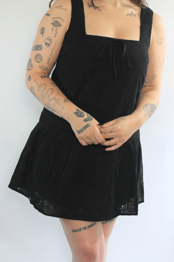 Black Square Neck Tunic Eyelet Black Mini Dress