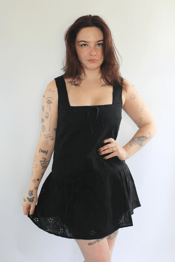 Black Square Neck Tunic Eyelet Black Mini Dress