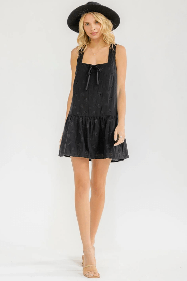 Black Square Neck Tunic Eyelet Black Mini Dress