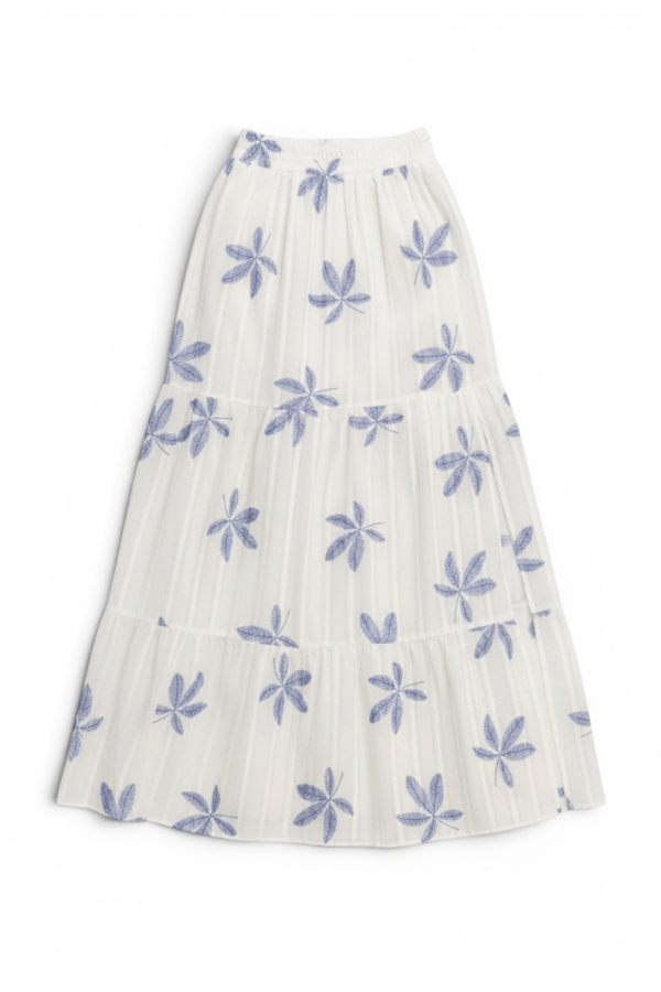 Tiered Cotton Maxi Skirt with Blue Botanical Print and Side Slit