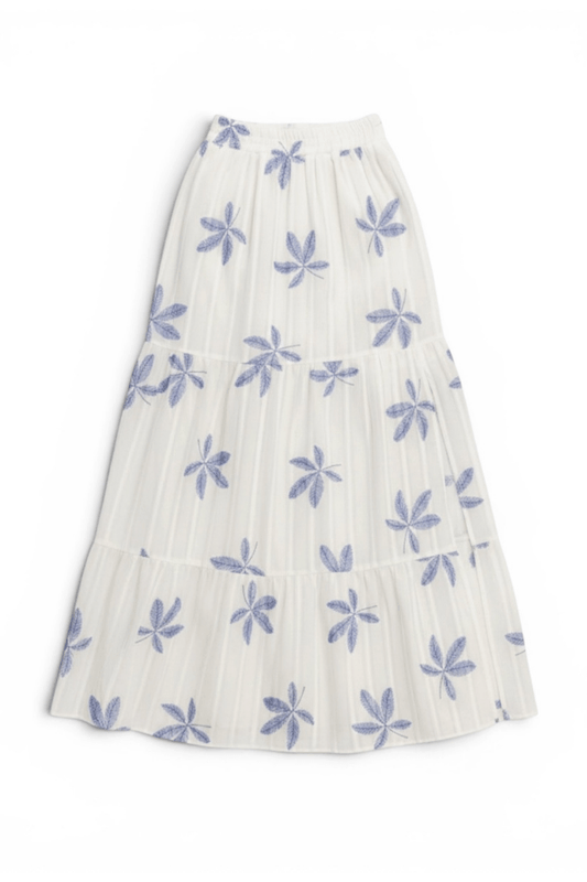Tiered Cotton Maxi Skirt with Blue Botanical Print and Side Slit
