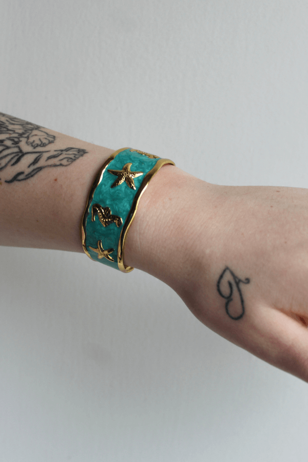 Stainless Steel Mermaidcore Open Cuff Bracelet with Gold Accents
