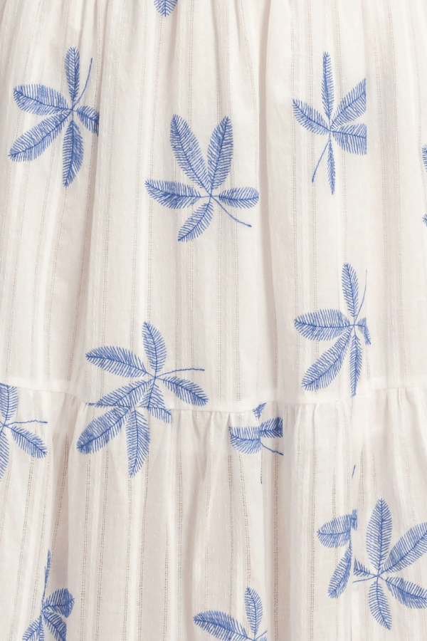 Tiered Cotton Maxi Skirt with Blue Botanical Print and Side Slit