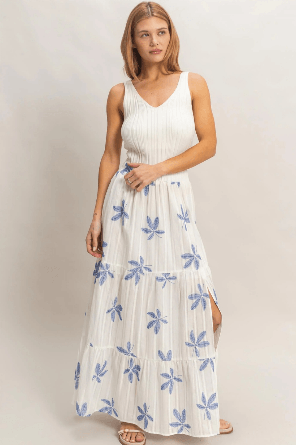 Tiered Cotton Maxi Skirt with Blue Botanical Print and Side Slit