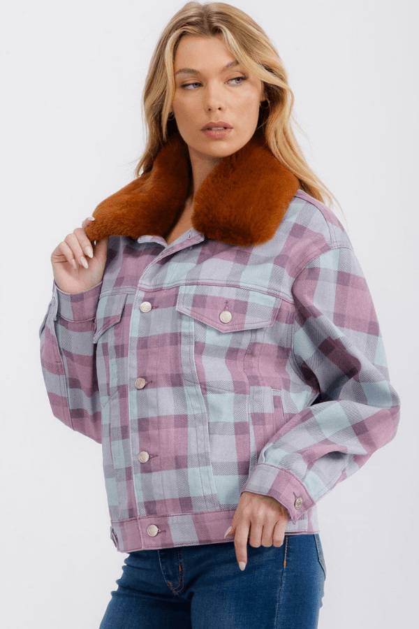 Plaid Faux Fur Cotton Preppy Jacket