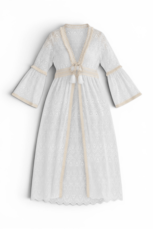 Long Belle Sleeve Open Front Eyelet Cardigan