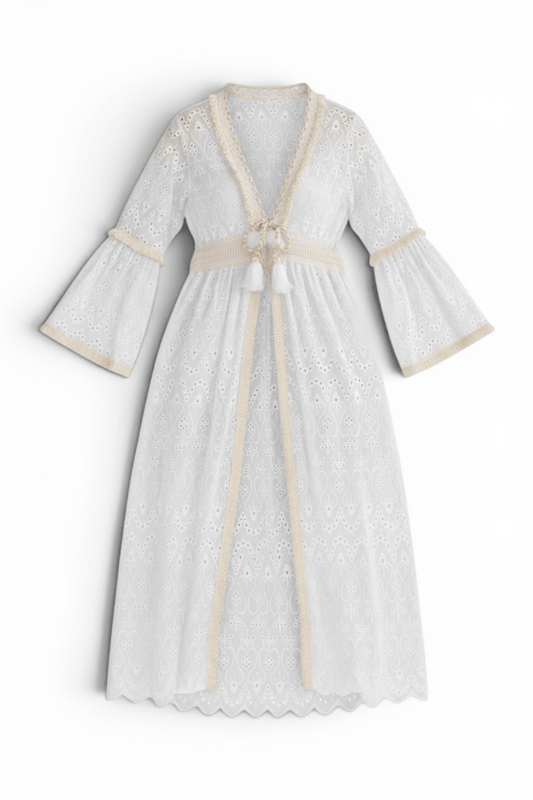 Long Belle Sleeve Open Front Eyelet Cardigan