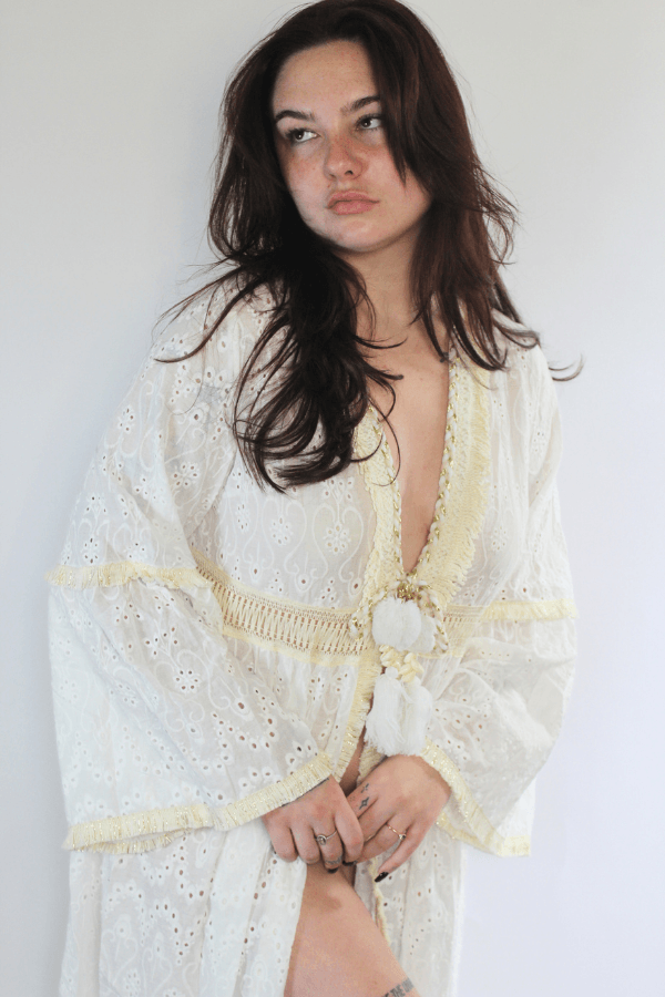 Long Belle Sleeve Open Front Eyelet Cardigan