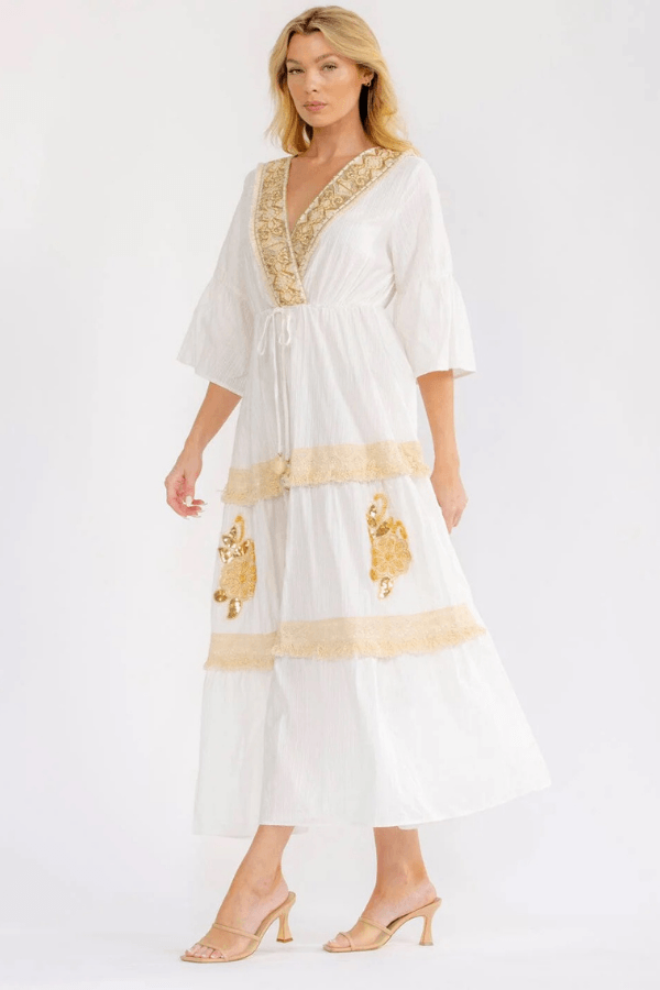 Short Sleeve Surplice Elastic Waist Cotton Maxi Dress S
