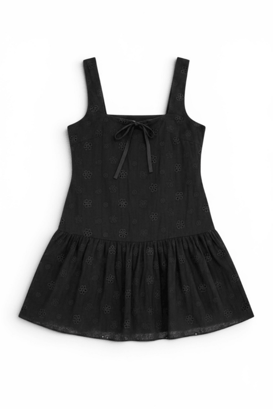 Black Square Neck Tunic Eyelet Black Mini Dress