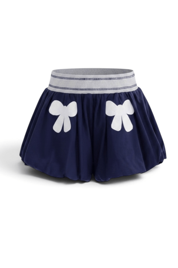 Preppy Navy Bubble Shorts with Elastic Waist and Coquette Bow Patch