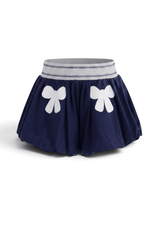 Preppy Navy Bubble Shorts with Elastic Waist and Coquette Bow Patch