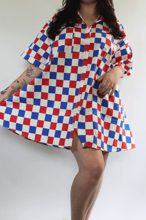 Red White & Blue Button Up Oversized Checker Dress with Pockets