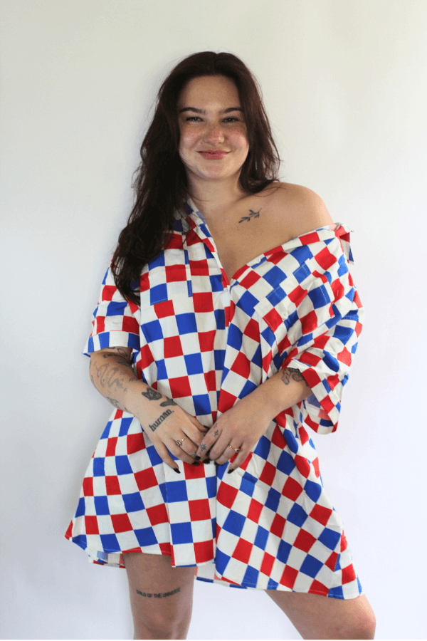 Red White & Blue Button Up Oversized Checker Dress with Pockets