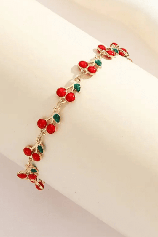 Stainless Steel Gold & Red Cherry Bracelet with Clasp
