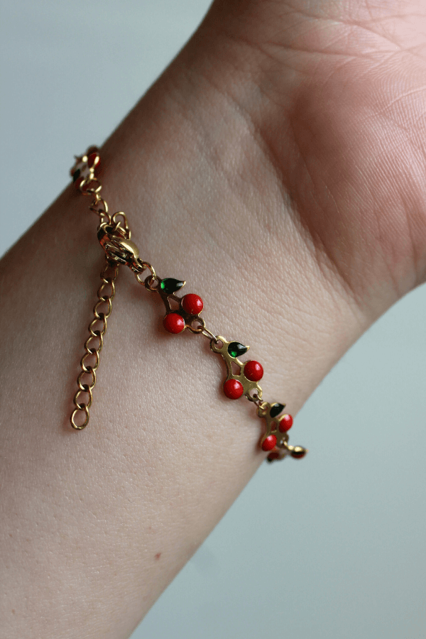 Stainless Steel Gold & Red Cherry Bracelet with Clasp