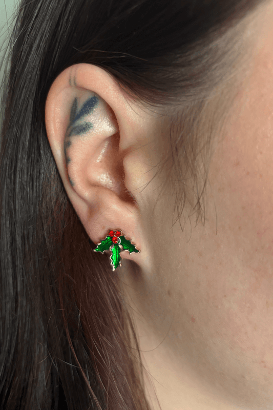 Stainless Steel Red and Green Mistletoe Stud Earrings