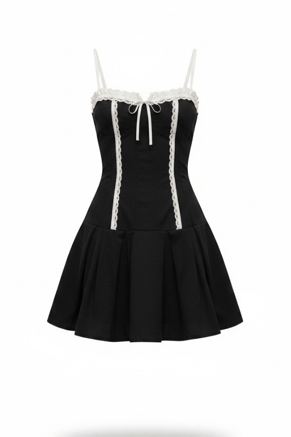 Black Coquette Mini Dress with Cream Lace and Bow Detailing