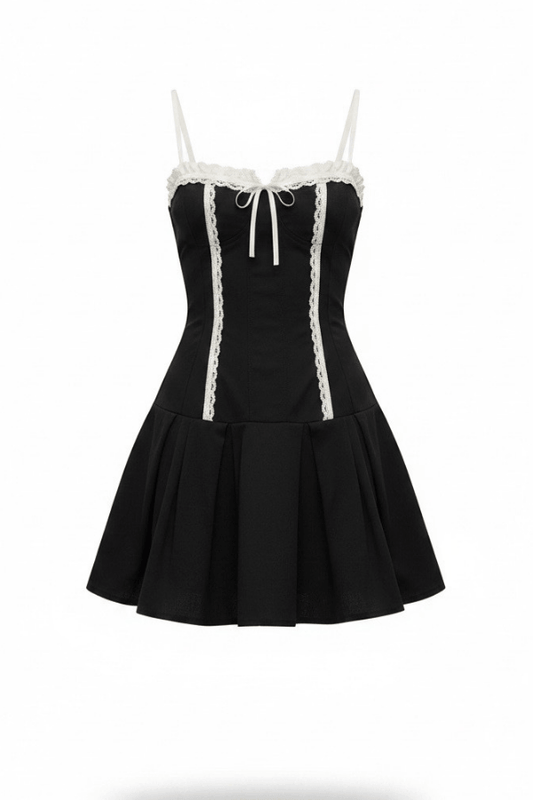 Black Coquette Mini Dress with Cream Lace and Bow Detailing