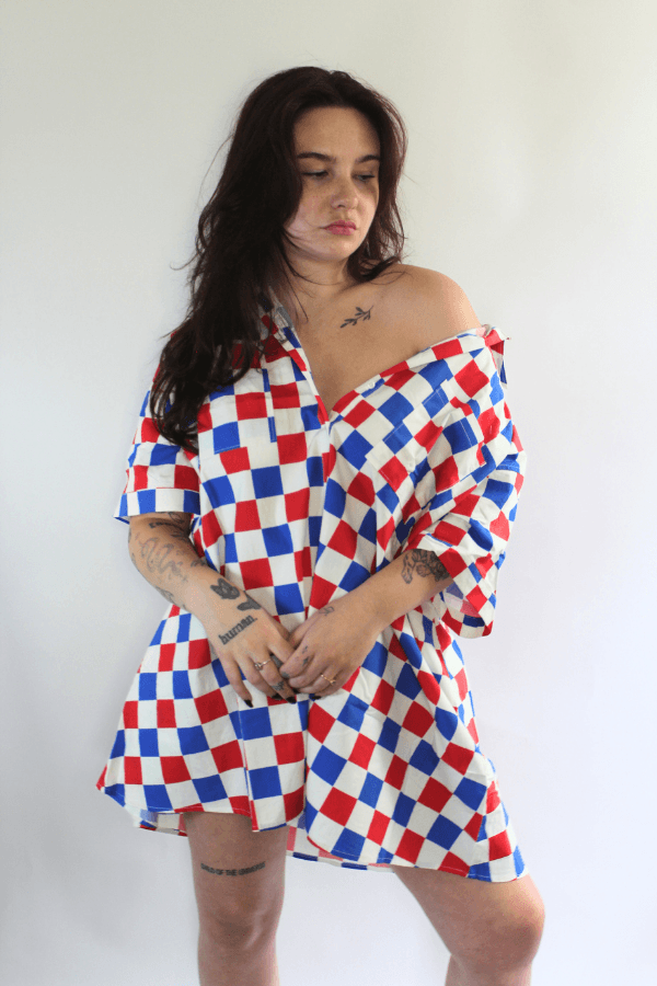 Red White & Blue Button Up Oversized Checker Dress with Pockets