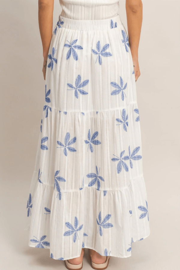 Tiered Cotton Maxi Skirt with Blue Botanical Print and Side Slit
