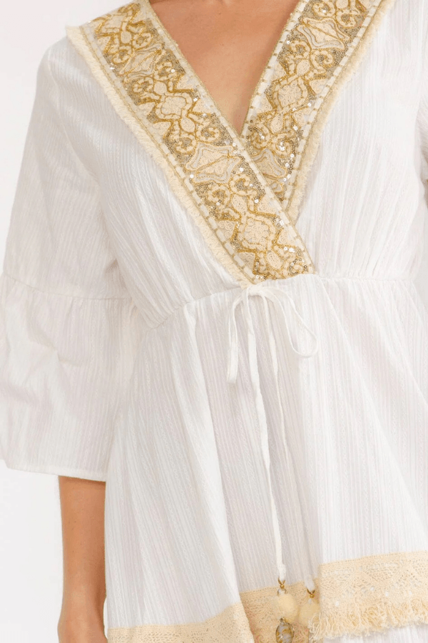 Short Sleeve Surplice Elastic Waist Cotton Maxi Dress