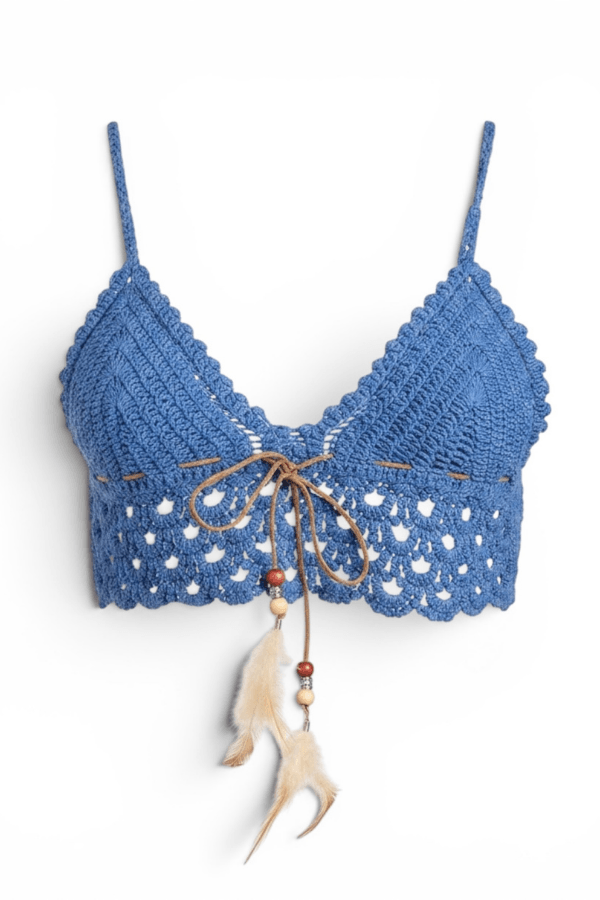 Cropped Crochet Style Blue Bra Top with Faux Feather